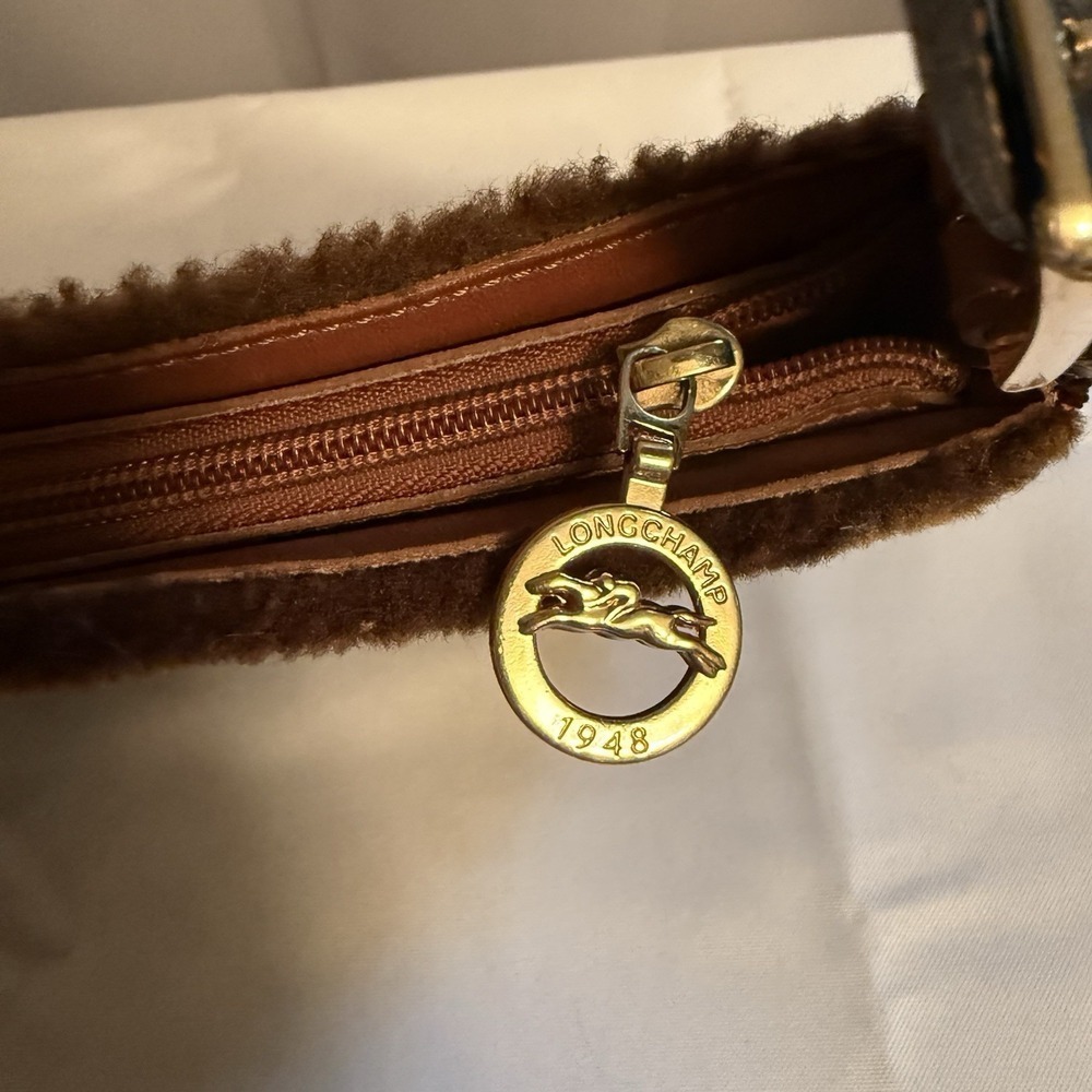 Longchamp Small Brown Velvet Shearling Floral Shoulder Bag Purse Handbag - Picture 7 of 12